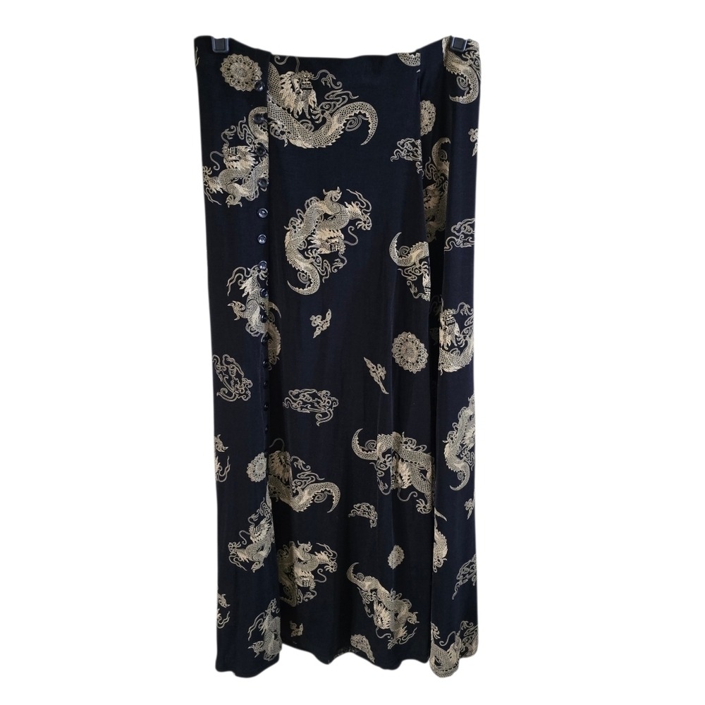 90s Vintage ES-SE PLUS Gold Dragon Celestial Maxi Skirt Black M - Picture 2 of 8